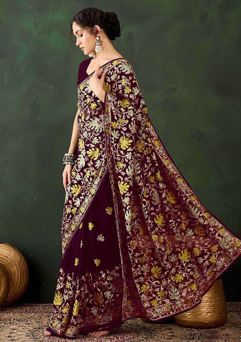 Burgundy Embroidered Georgette Saree Set for Diwali and Festive Wear - Indya