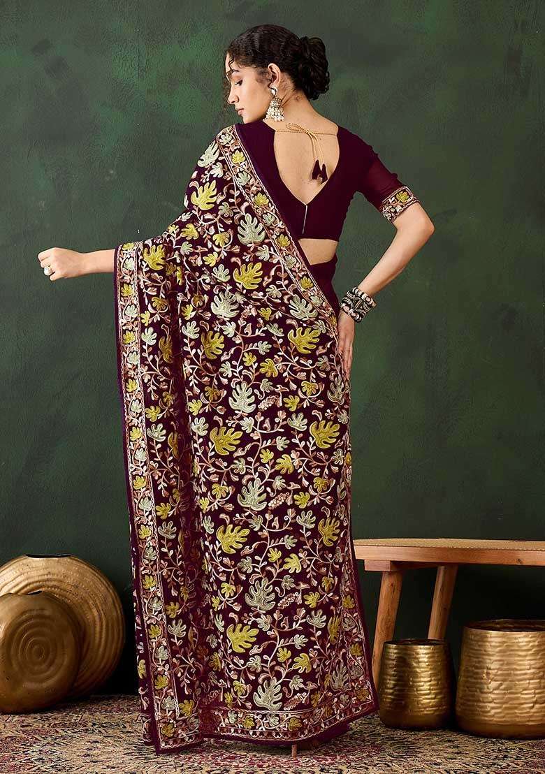 Burgundy Embroidered Georgette Saree Set for Diwali and Festive Wear - Indya