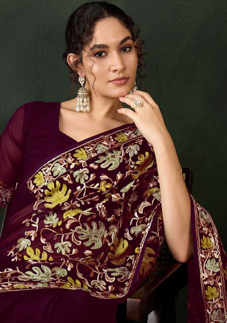Burgundy Embroidered Georgette Saree Set for Diwali and Festive Wear - Indya