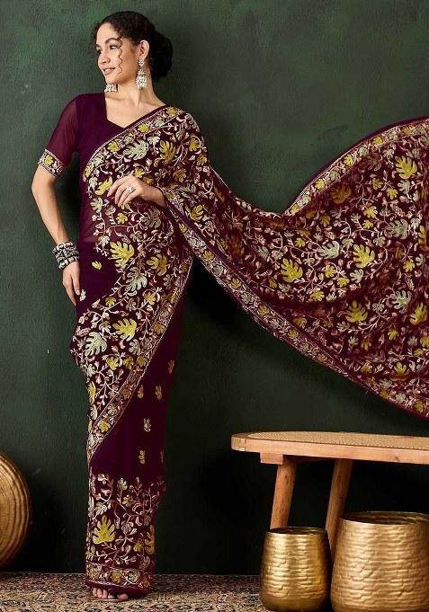 Burgundy Embroidered Georgette Saree Set