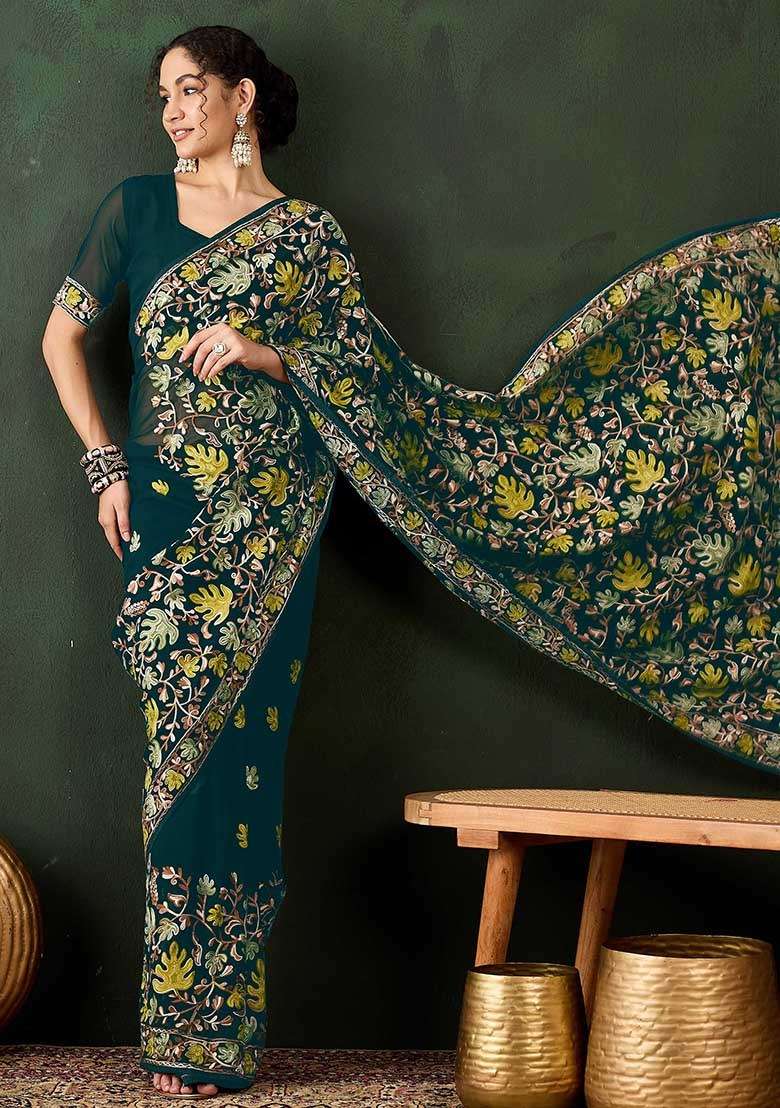 Teal Blue Embroidered Georgette Saree Set for Diwali and Festive Wear - Indya