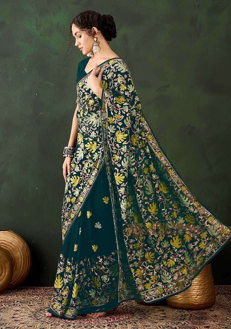Teal Blue Embroidered Georgette Saree Set for Diwali and Festive Wear - Indya