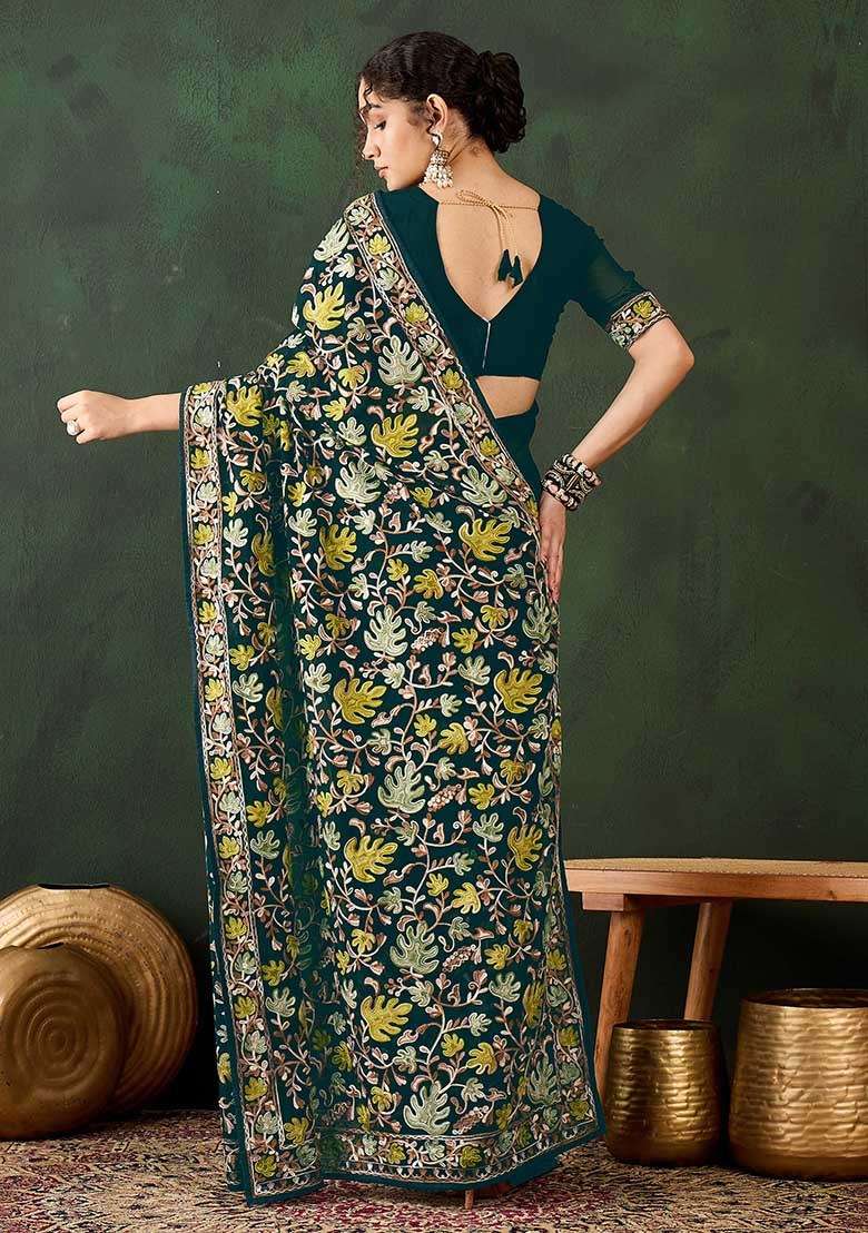 Teal Blue Embroidered Georgette Saree Set for Diwali and Festive Wear - Indya