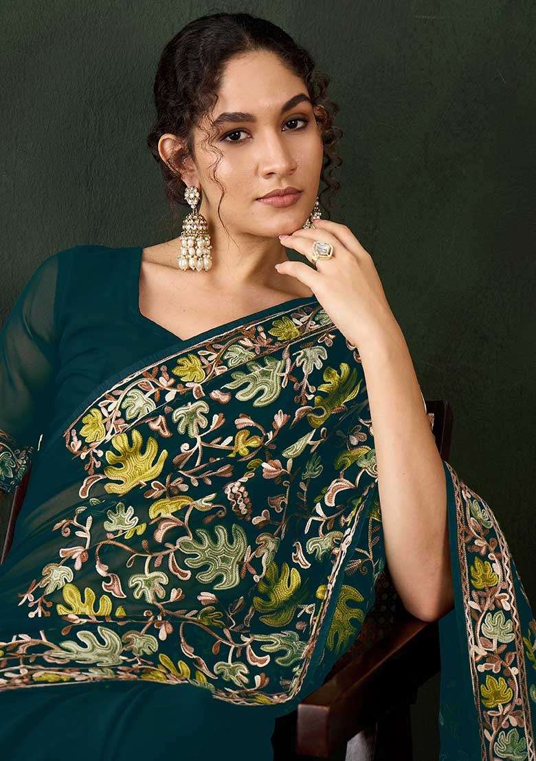 Teal Blue Embroidered Georgette Saree Set for Diwali and Festive Wear - Indya