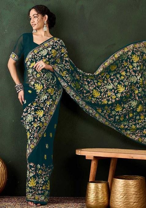 Teal Blue Embroidered Georgette Saree Set