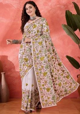 White Embroidered Georgette Saree Set