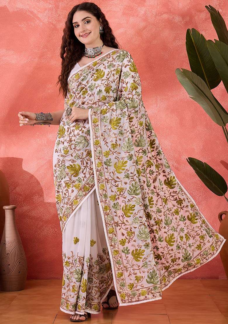 White Embroidered Georgette Saree Set for Diwali and Festive Wear - Indya