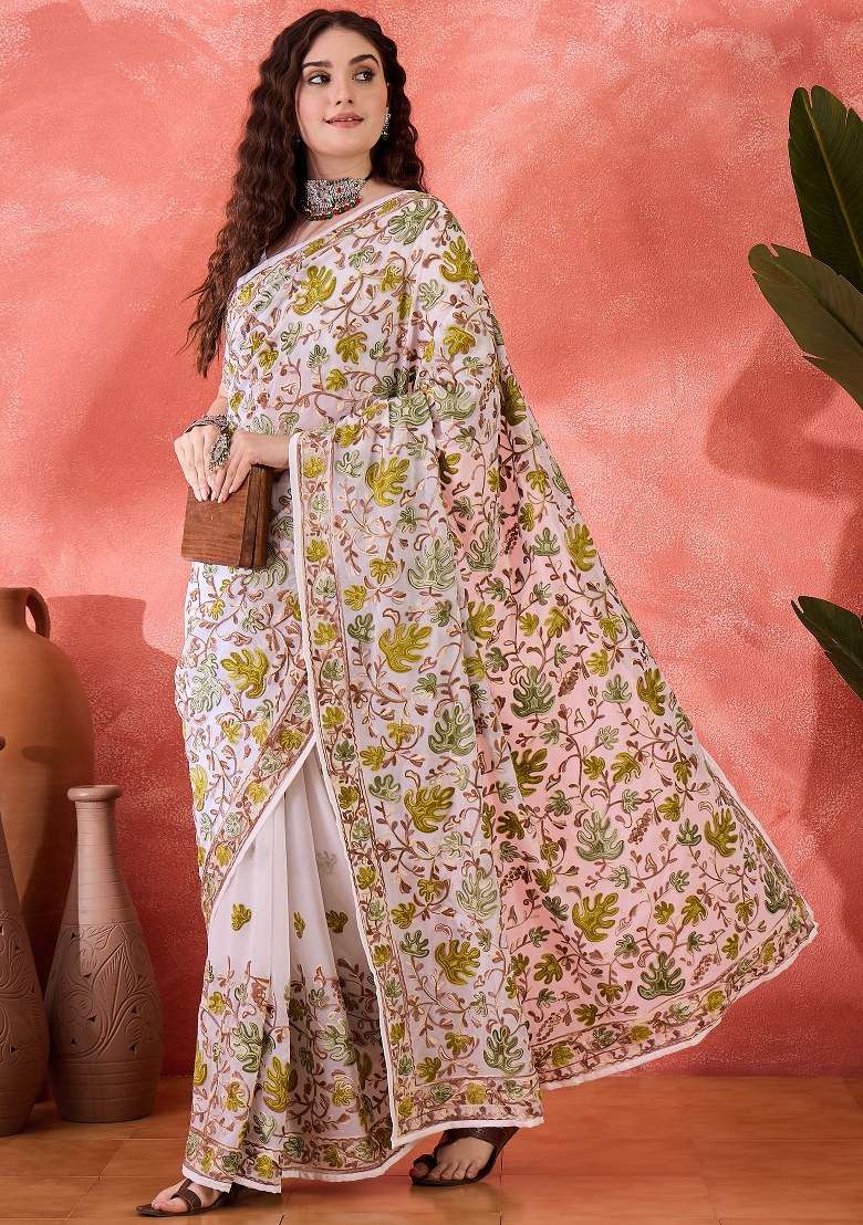 White Embroidered Georgette Saree Set for Diwali and Festive Wear - Indya