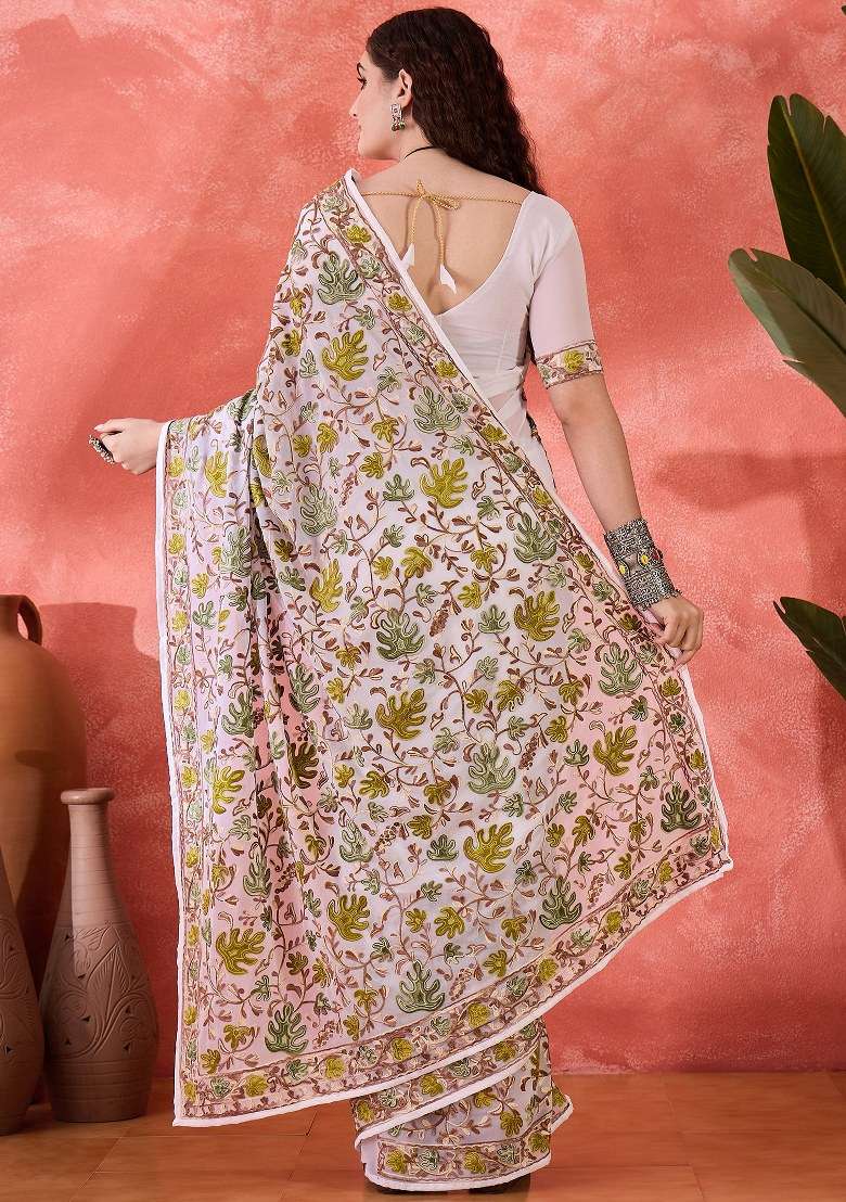 White Embroidered Georgette Saree Set for Diwali and Festive Wear - Indya
