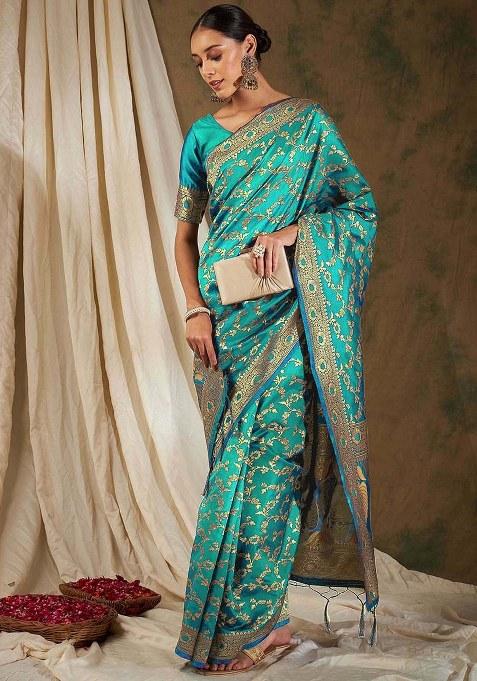 Sea Green Embroidered Silk Saree Set