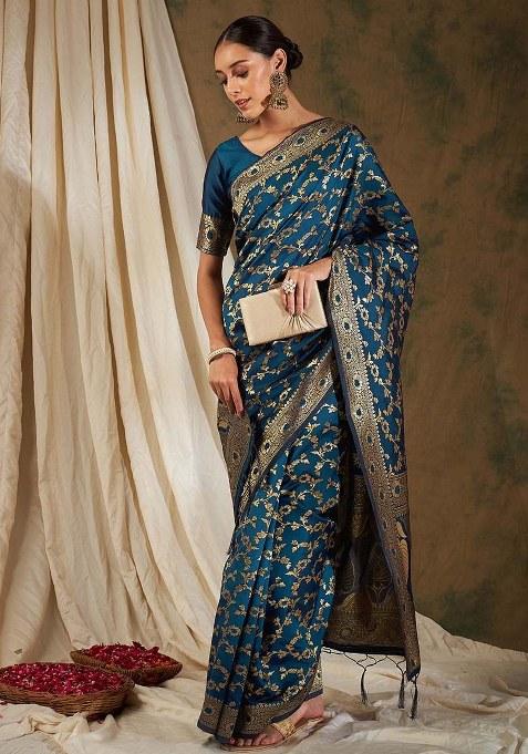 Petrol Blue Embroidered Silk Saree Set