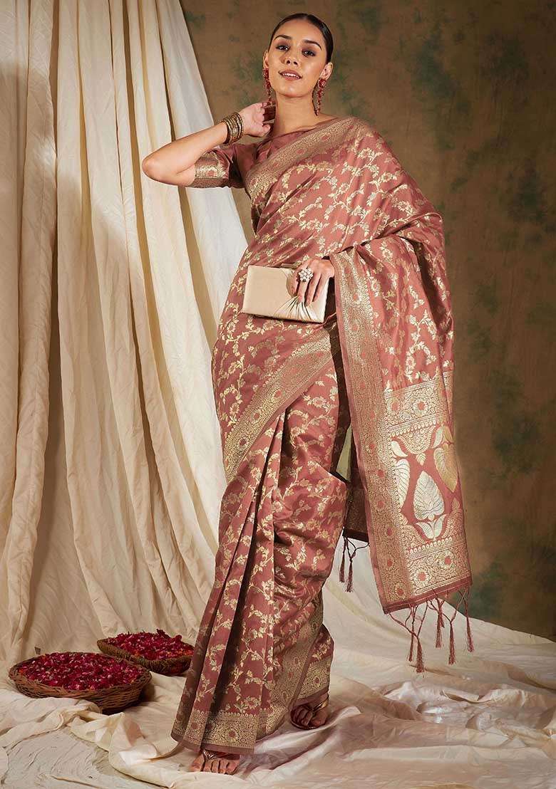 Peach Silk Blend Saree Set with Embroidered for Diwali | Wedding & Festive Wear - Indya