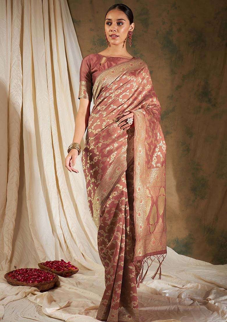 Peach Silk Blend Saree Set with Embroidered for Diwali | Wedding & Festive Wear - Indya