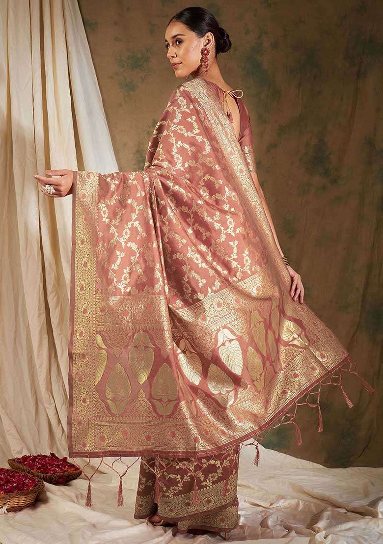 Peach Silk Blend Saree Set with Embroidered for Diwali | Wedding & Festive Wear - Indya
