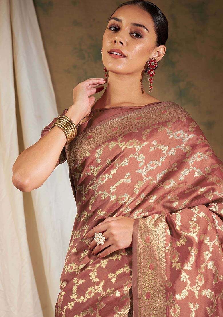 Peach Silk Blend Saree Set with Embroidered for Diwali | Wedding & Festive Wear - Indya