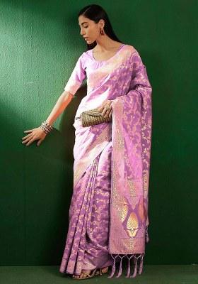 Lavender Embroidered Silk Saree Set