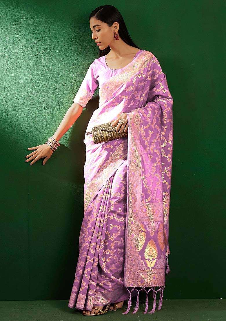 Lavender Silk Blend Saree Set with Embroidered for Diwali | Wedding & Festive Wear - Indya