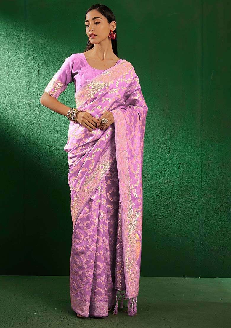 Lavender Silk Blend Saree Set with Embroidered for Diwali | Wedding & Festive Wear - Indya