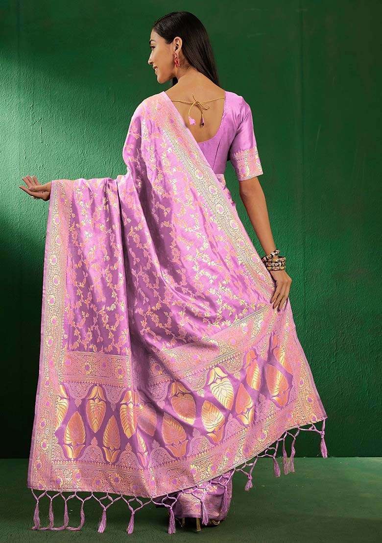 Lavender Silk Blend Saree Set with Embroidered for Diwali | Wedding & Festive Wear - Indya