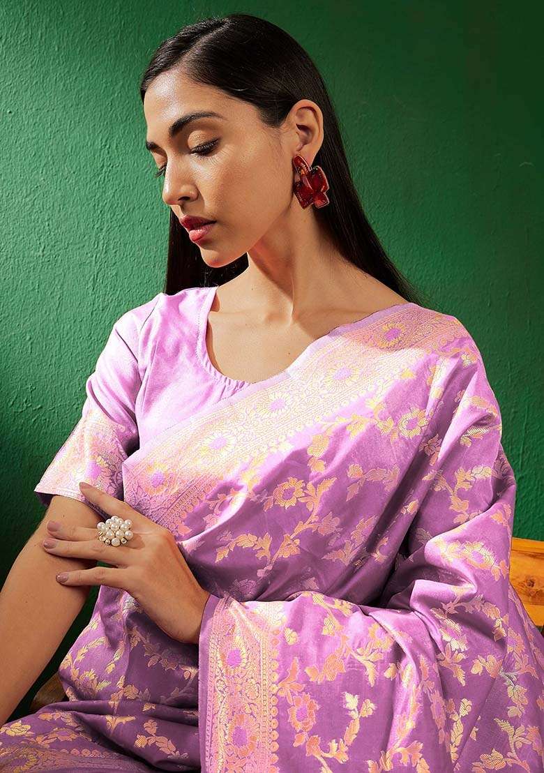 Lavender Silk Blend Saree Set with Embroidered for Diwali | Wedding & Festive Wear - Indya