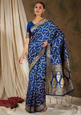Royal Blue Embroidered Silk Saree Set