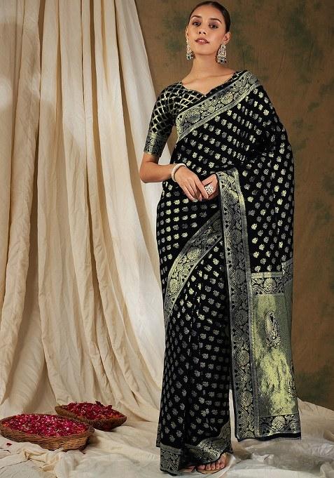 Black Embroidered Silk Saree Set