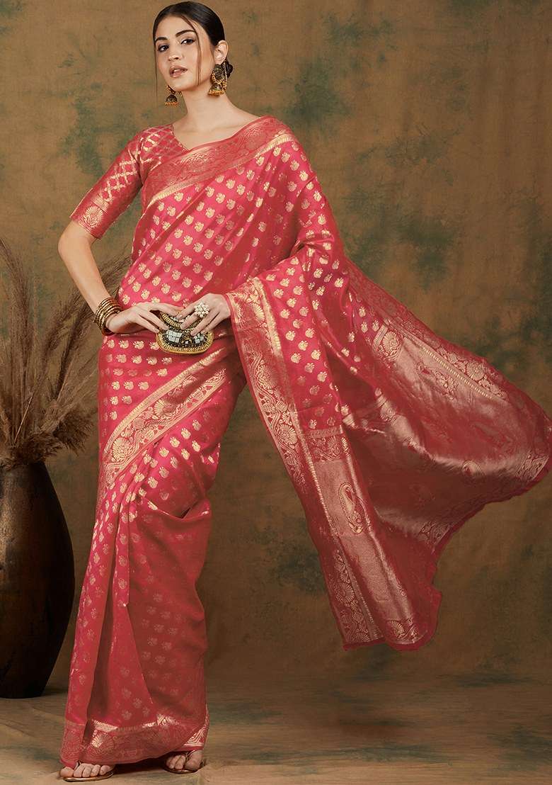 Peach Silk Blend Saree Set with Embroidered for Diwali | Wedding & Festive Wear - Indya
