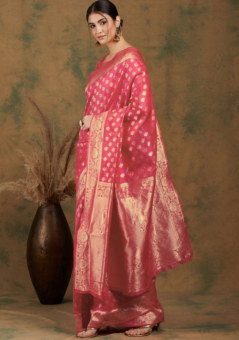 Peach Silk Blend Saree Set with Embroidered for Diwali | Wedding & Festive Wear - Indya