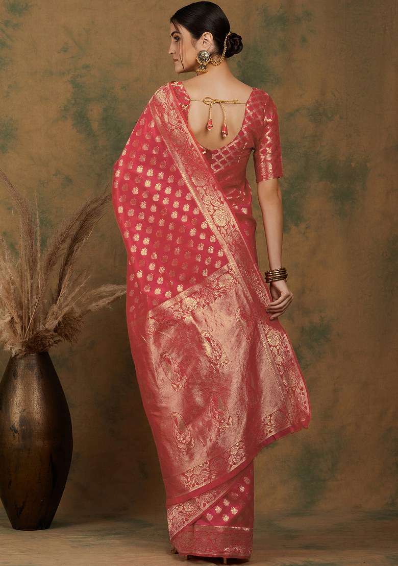 Peach Silk Blend Saree Set with Embroidered for Diwali | Wedding & Festive Wear - Indya