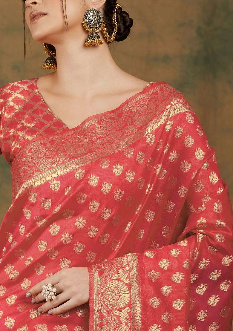Peach Silk Blend Saree Set with Embroidered for Diwali | Wedding & Festive Wear - Indya