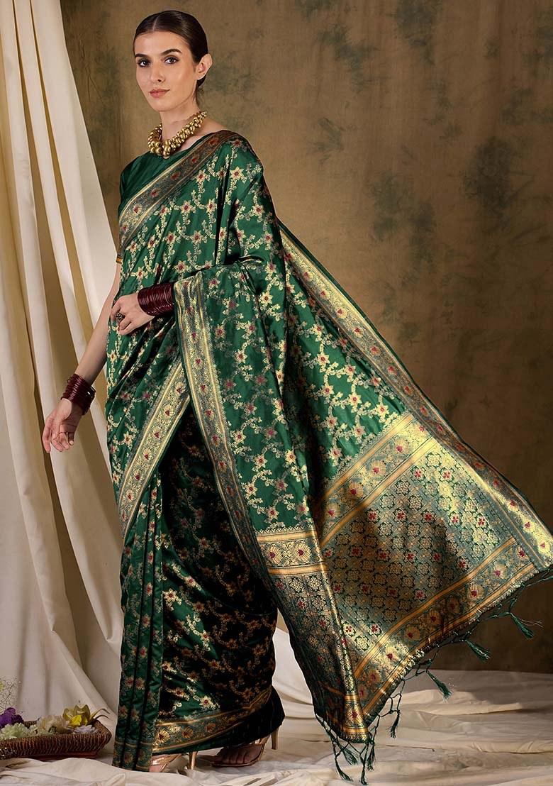 Green Embroidered Silk Saree Set
