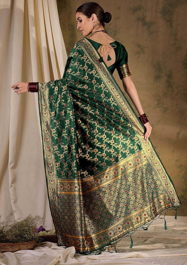 Green Embroidered Silk Saree Set