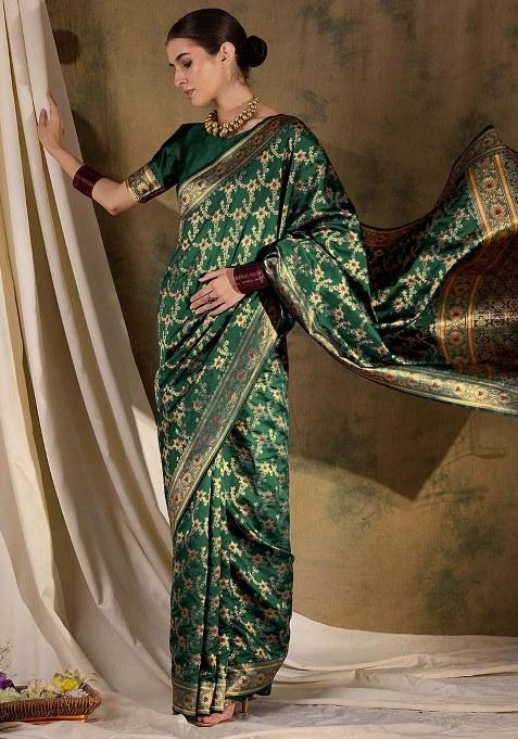 Green Embroidered Silk Saree Set
