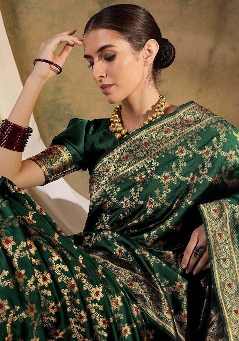 Green Embroidered Silk Saree Set