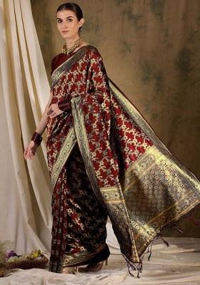 Maroon Embroidered Silk Saree Set