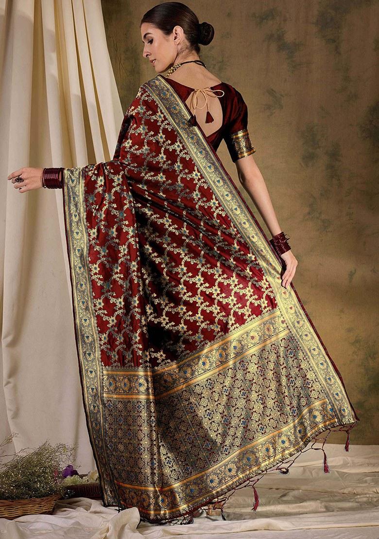 Maroon Embroidered Silk Saree Set