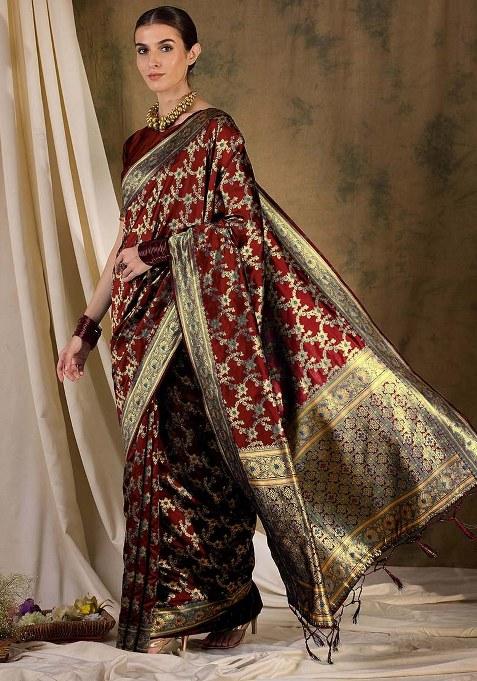 Maroon Embroidered Silk Saree Set