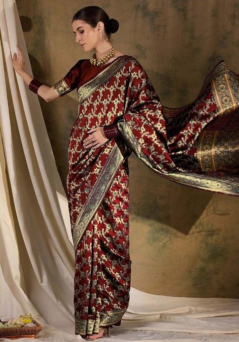 Maroon Embroidered Silk Saree Set