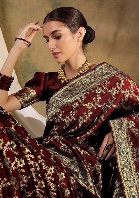 Maroon Embroidered Silk Saree Set