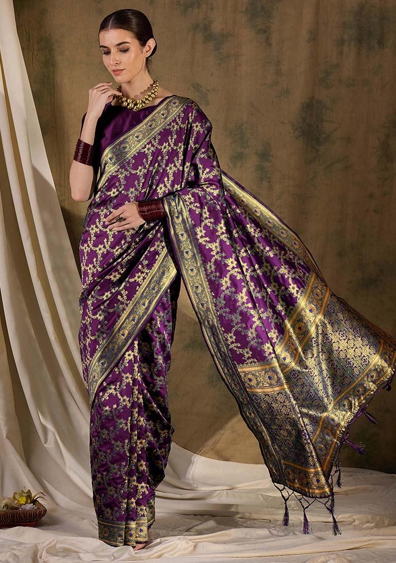 Wine Embroidered Silk Saree Set