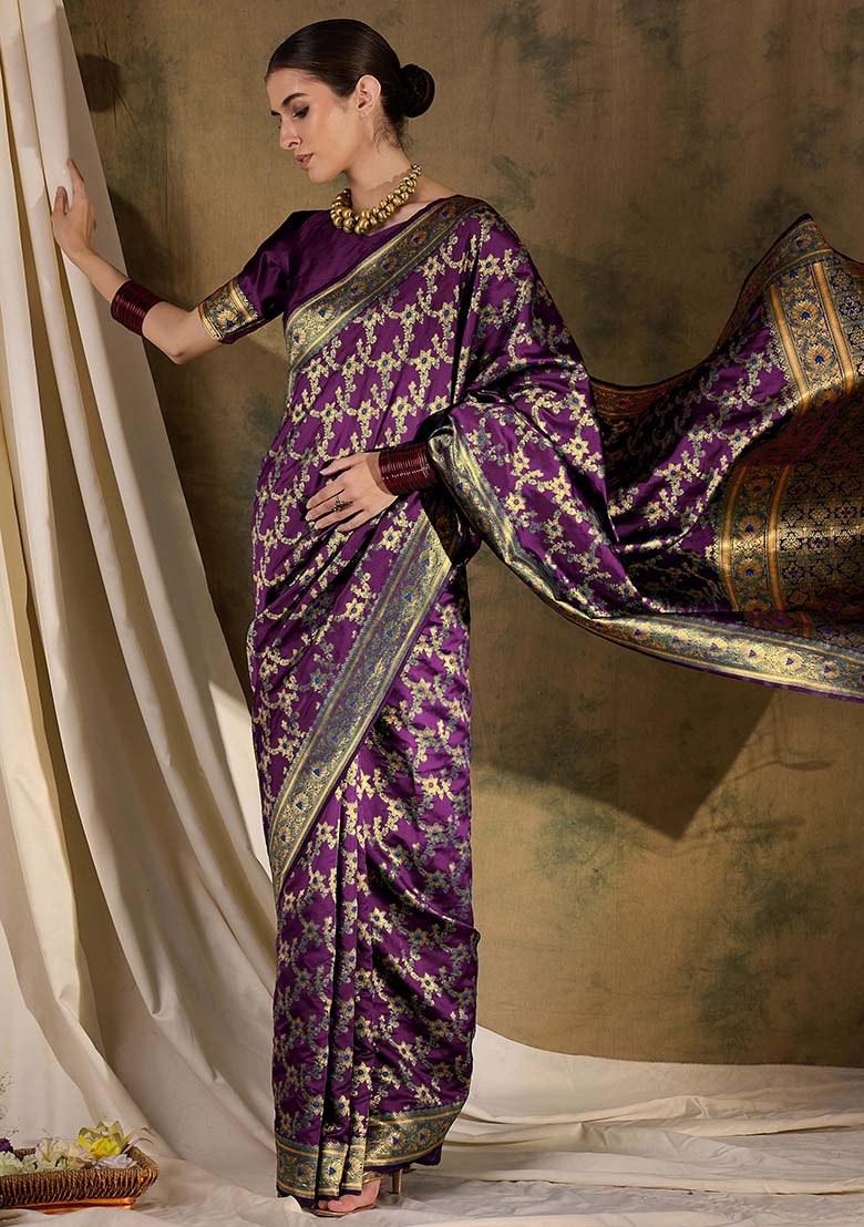 Wine Embroidered Silk Saree Set