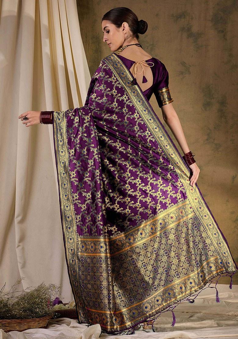 Wine Embroidered Silk Saree Set