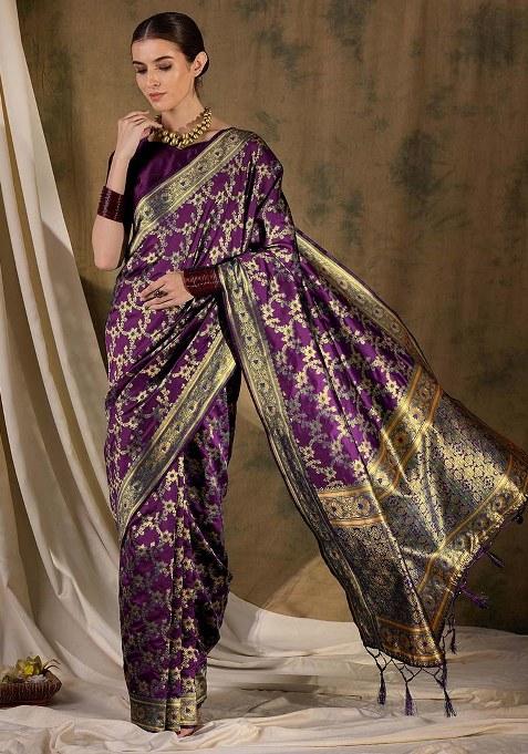 Wine Embroidered Silk Saree Set