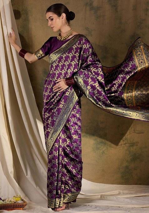 Wine Embroidered Silk Saree Set
