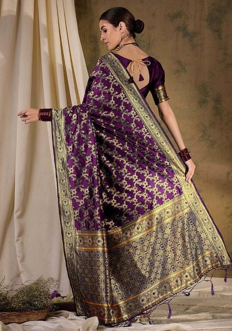 Wine Embroidered Silk Saree Set
