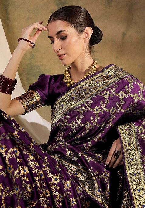 Wine Embroidered Silk Saree Set