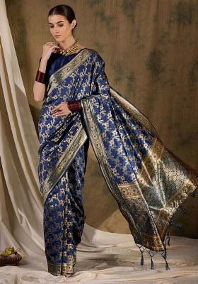 Navy Blue Embroidered Silk Saree Set