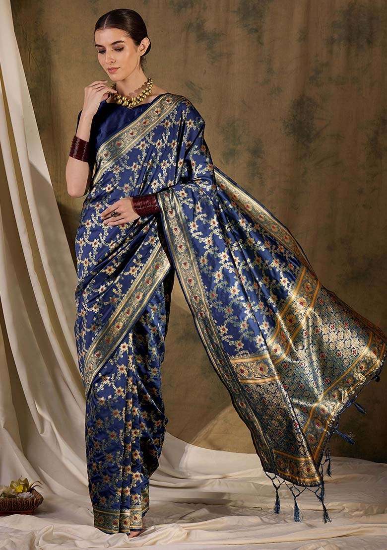 Navy Blue Embroidered Silk Blend Saree Set for Diwali and Festive Wear - Indya