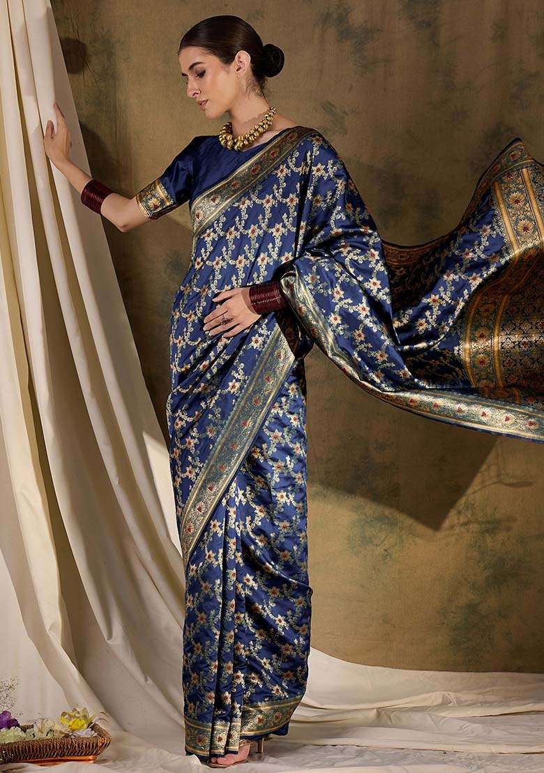 Navy Blue Embroidered Silk Blend Saree Set for Diwali and Festive Wear - Indya