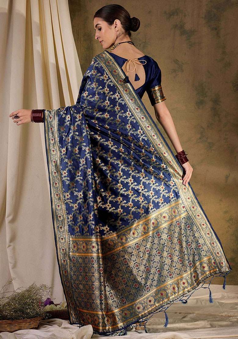 Navy Blue Embroidered Silk Blend Saree Set for Diwali and Festive Wear - Indya